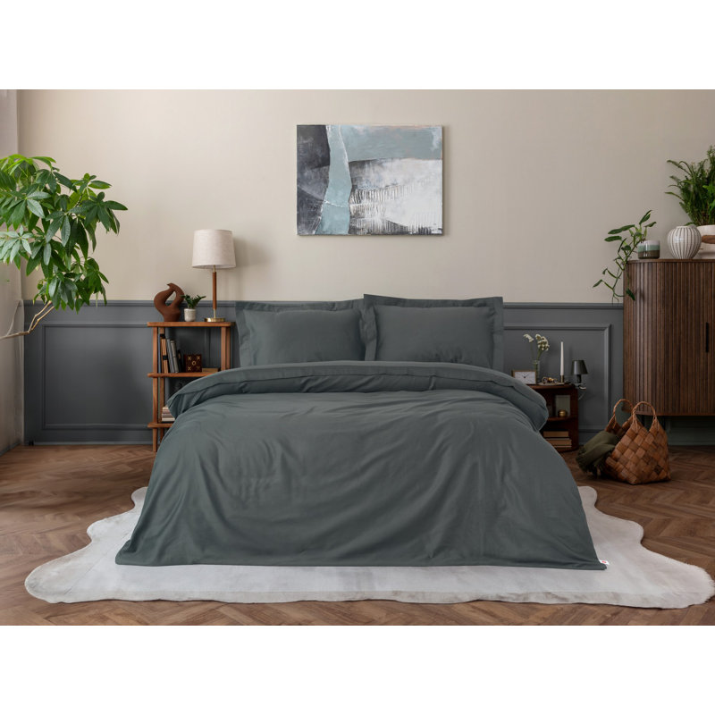 Luxury Satin King Quilt Cover Set (3 Pieces), Anthracite | 100% Cotton Satin, Duvet Cover: 94.5 x 86.6 inches, Pillowcases: 23.6 x 23.6 inches | Reactive Printing, Machine Washable, Button Closure for Style & Comfort