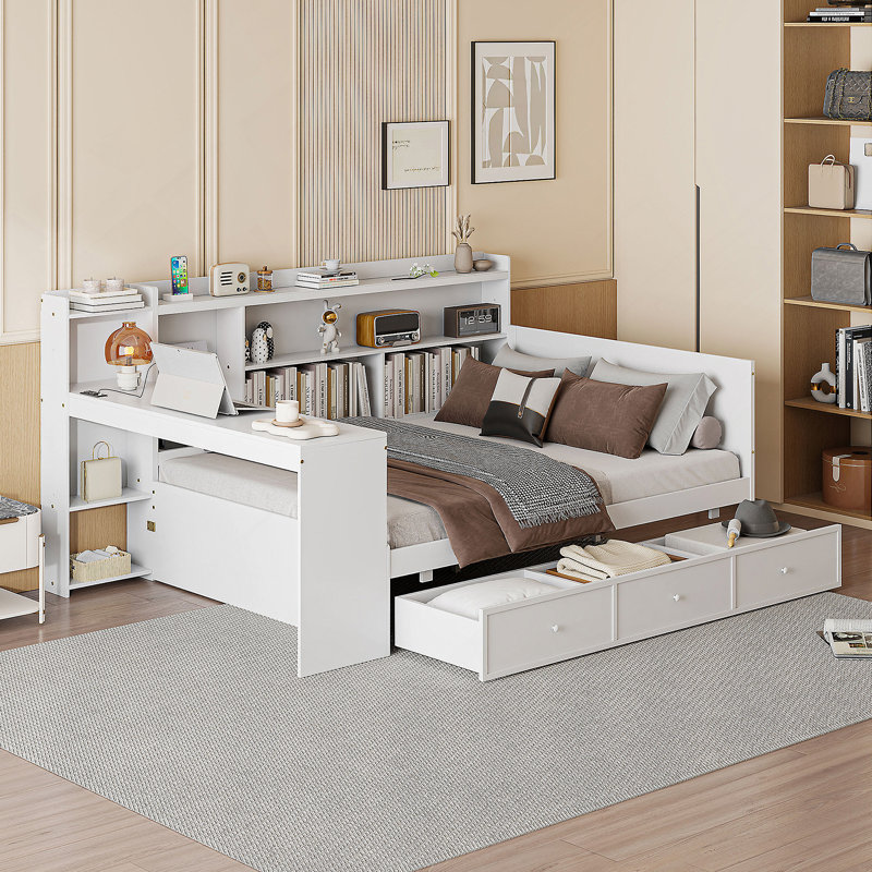 Wooden Daybed With 3 Drawers, USB Ports and desk, Gray, Full