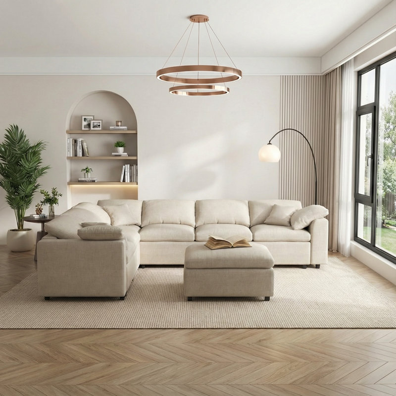 125" 7-Seater Oversized Modular Chenille Sectional Sofa, Reversible L-shape Design With Movable Ottoman, Beige Chenille