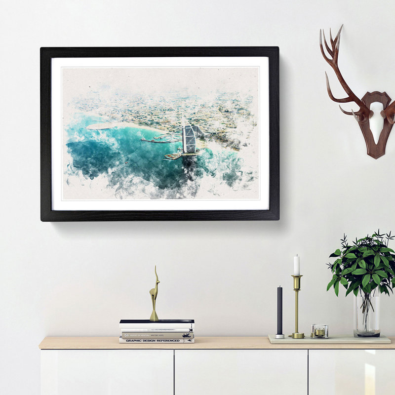 Burj Al Arab Hotel Dubai Skyline - Framed Print, 36cm H x 48cm W x 2cm D, Black Framed