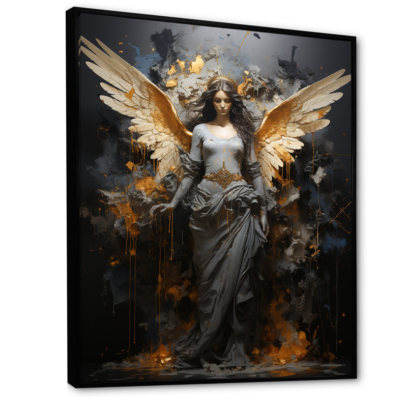 «Gold Angel Rebel Renaissance III», art mural Pop Art, Cadre flottant noir, 32" H x 16" W