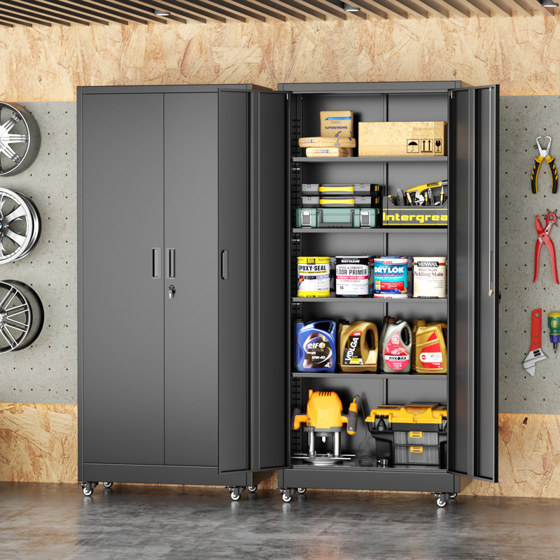 Metal Garage Storage Cabinets with Wheels, Rolling Tool Cabinet with Locking Doors and Adjustable Shelves(73" H×32" W×16" D)