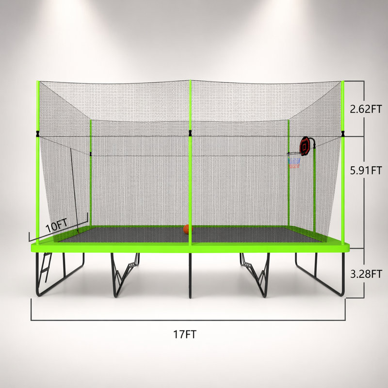 Trampoline rectangulaire durable de 10 pi x 17 pi avec filet de sécurité résistant aux rayons UV, panier de basketball et échelle avancée pour un plaisir et une sécurité ultimes