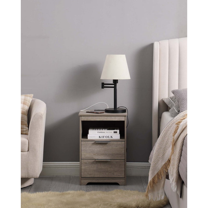 Nightstand With Charging Station,End Table With 2 Drawers,Wooden End Table With Drawer And Opening Shelf,Side Table For Bedroom