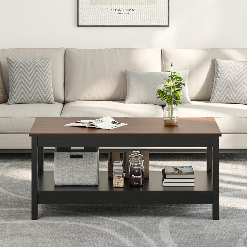 O'Kean 39" Rectangular Coffee Table with Storage For Living Room, Black, Walnut