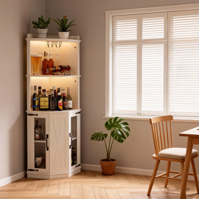 67.3 Inch Corner Bar Cabinet With Power Outlet, Adjustable Shelves, LED Lights, And Glass Rack For Versatile Home Use by Latitude Run