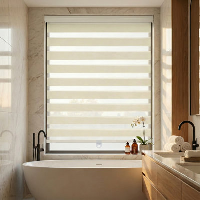 Shadesu Cordless Zebra Shades – Dual Layer Day & Night Free-Stop Light Filtering Window Blind, 64" W x 72" H, Cream