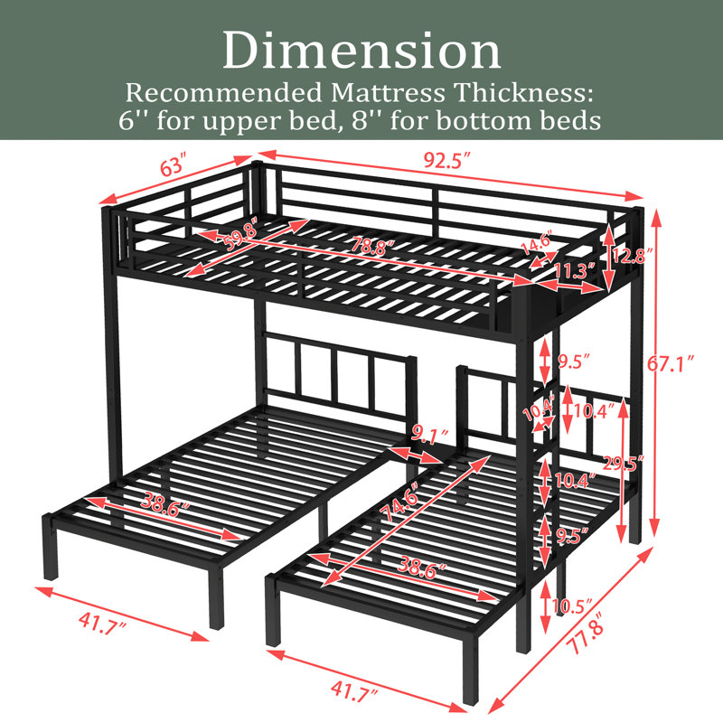 Twin Over Twin & Queen Bunk Bed, Metal Triple Bunk Bed With Safety Guardrails,Space-Saving/Noise Reduced