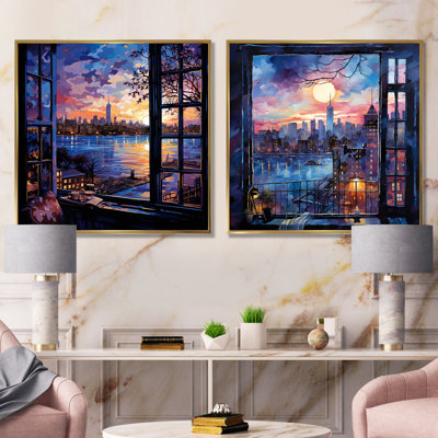 Blue Nyc At Night Window View I - New York City, ensemble de 2 impressions sur toile