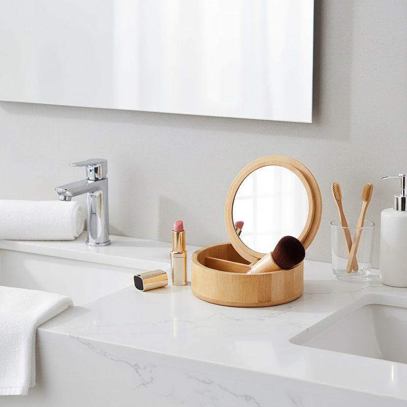 Boîte ronde en bambou avec couvercle miroir