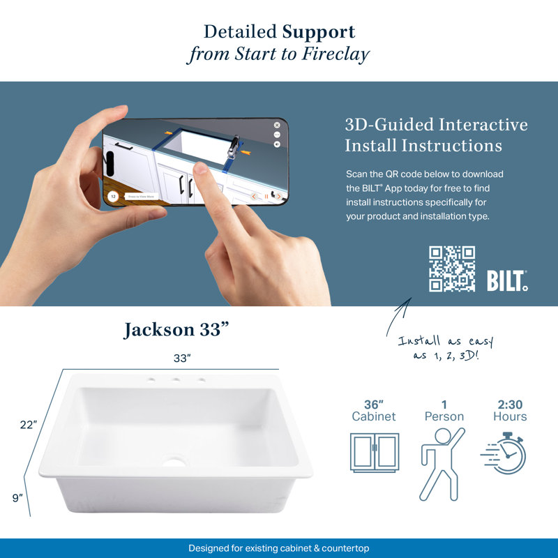Évier de cuisine encastré en argile réfractaire simple 33 po avec 4 trous de robinet Jackson, 4, 33", Blanc éclatant