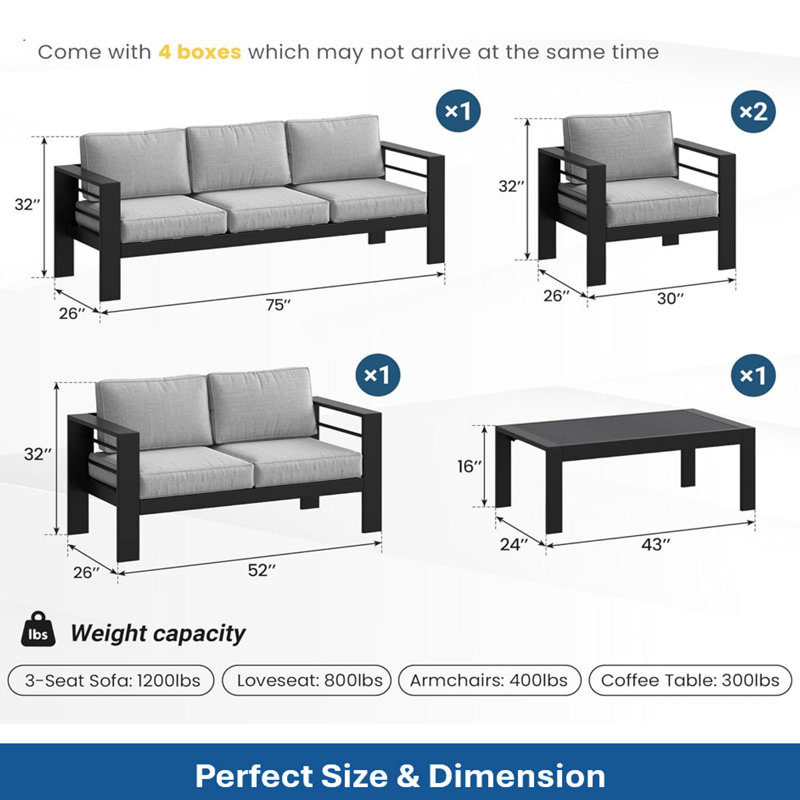 Ensemble de conversation de patio 5 pièces en aluminium 5 pièces, canapé d'extérieur 7 places avec coussins gris clair épais et structure noire et table basse
