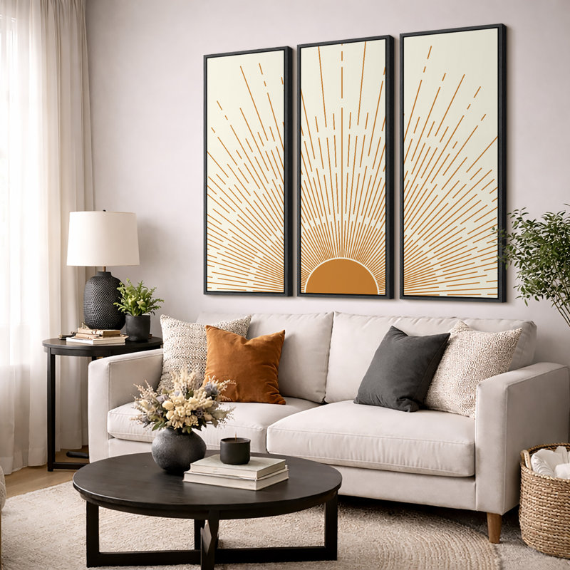 «Bright Mid-Century Modern Orange Minimal Sun ShineArt Boho Decor», ensemble de 3 reproductions sur toiles encadrées