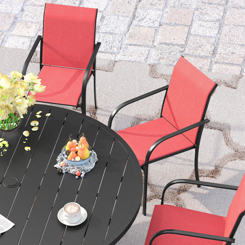 60" Patio dining set with Metal Round Dining Table and Stackable Armrest Dining Chairs, Black/Red