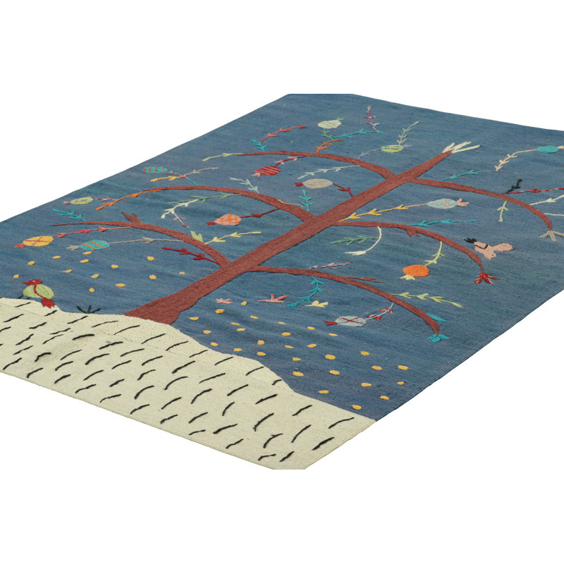 Rug & Kilim’S Suzani Style Kilim In Blue With Polychrome Tree And Bird Pictorial