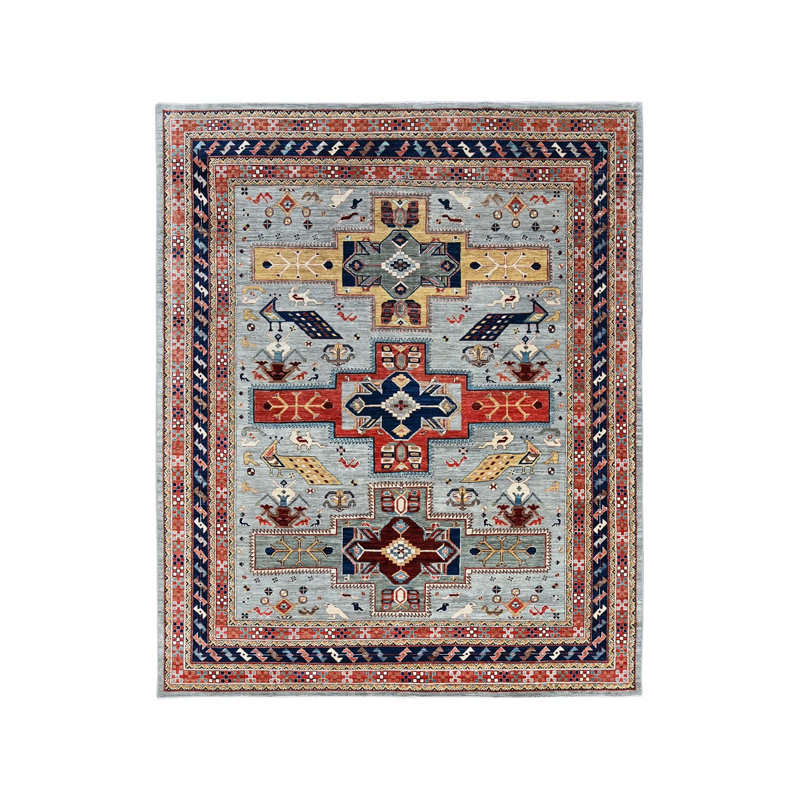 Tapis oriental rectangulaire gris en laine noué à la main 8 pi 0 po x 9 pi 9 po - MOA1021347
