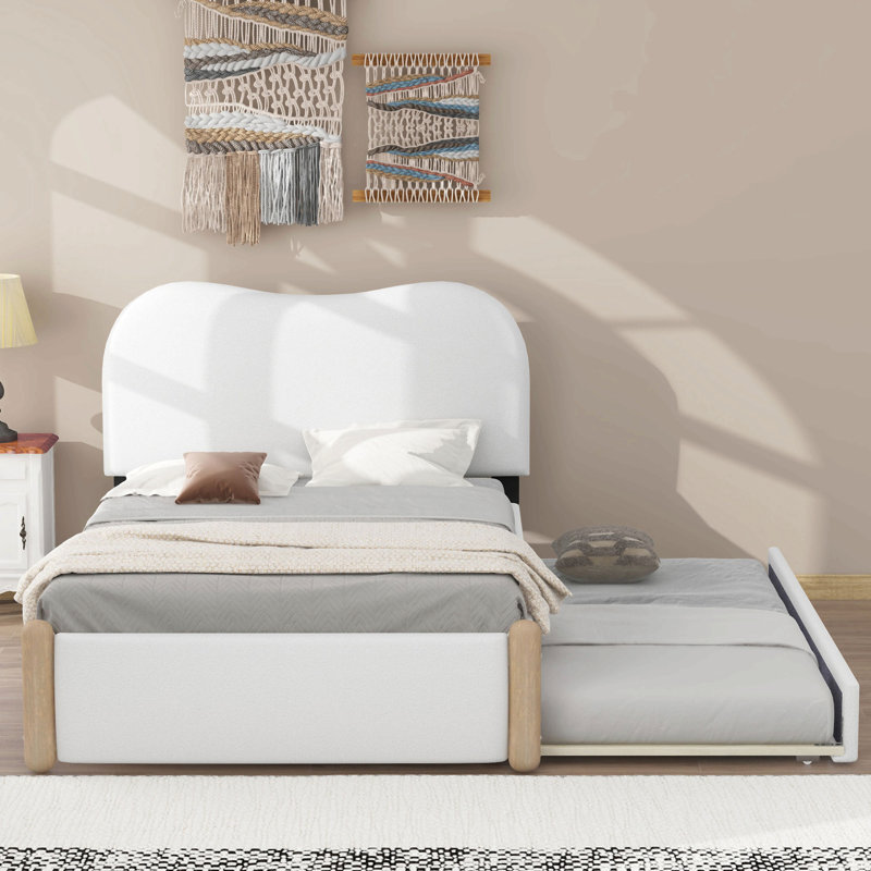 Lit plateforme tapissier avec pieds de support en bois et lit gigogne simple, Lit simple