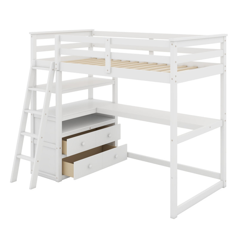 Twin Size Loft Bed With Desk And Shelves, Sturdy Wooden Loft Bed With Two Built-In Drawers And Ladder, High Lofts Beds With Safety Guardrail, Easy Assembly, No Box Spring Needed