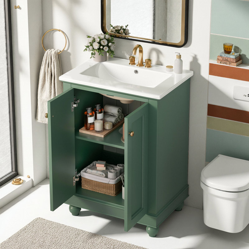 Meuble-lavabo de salle de bain avec lavabo en céramique et rangement à fermeture douce, Green