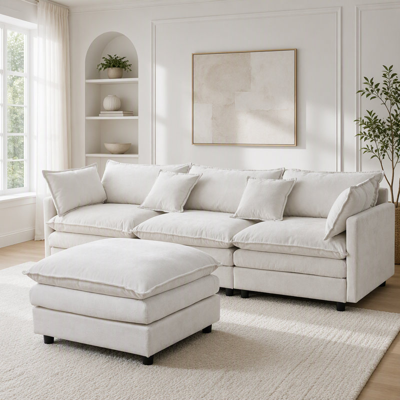 Canapé modulaire de 105 po en tissu chenille rembourré, Beige