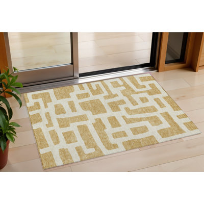Tapis intérieur lavable abstrait doré et ivoire 3 pi x 5 pi
