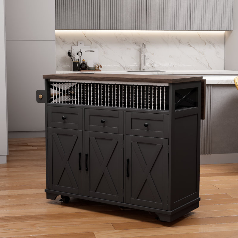 Black Farmhouse Kitchen Island With Beaded Pendant, Electrical Outlet, Rolling Kitchen Cart With Drop Leaves, 3 Doors, 3 Drawers And Internal Iron Rack For Kitchen, Dining Room
