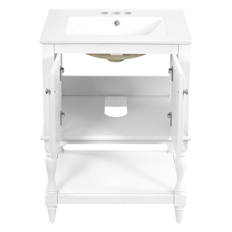 Meuble-lavabo de luxe moderne 24 po avec lavabo en céramique, armoire de salle de bain avec tablette ouverte et rangement fermé