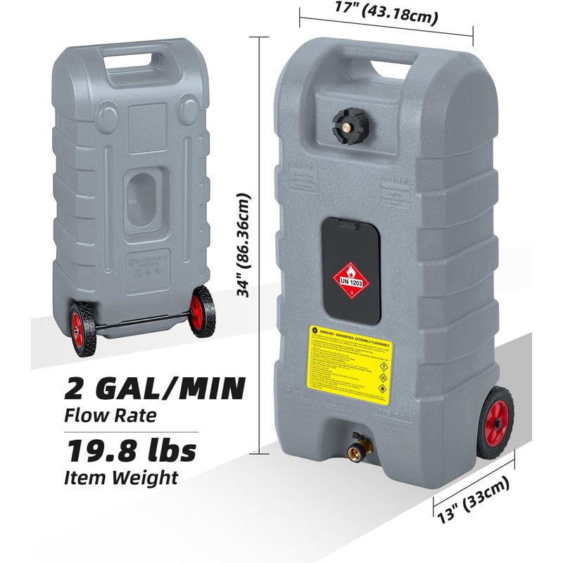 Fuel Caddy 15 Gallon Portable Gas Storage Tank with LE Fluid Transfer Siphon Pump, Durable High-Density Polyethylene, Leak-Proof Brass Shut-Off Valves, Easy Transport with Wheels and Handle