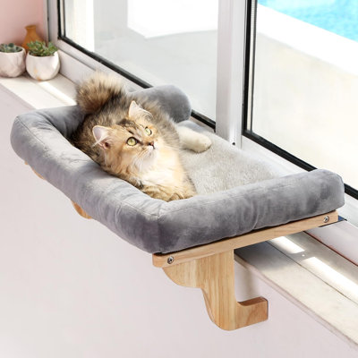 Cat Perch for Window Sill with Bolster - Orthopedic Hammock Design with Premium Hardwood & Robust Metal Frame- Natural