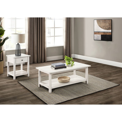 White Distressed Table , Coffee With Shelf And End Drawer, Pine Wood, For Primary Living Spaces Solid Engineered Rectangular Tables, Shelves Storage,