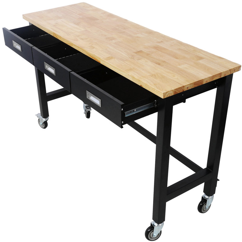 60In Work Bench, Workbench With Drawer Storage, Heavy Duty Bamboo Wood Work Table With Wheels For Garage Home Office
