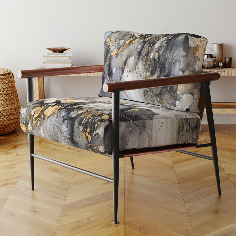 Grey Gold Delicate Abstract Brushstrokes II - Upholstered Abstract Accent Side Chair, Black