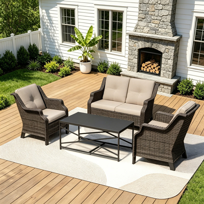 Ensemble de patio extérieur en osier pour 4 personnes avec causeuse, 2 chaises, table basse et coussin beige, Beige