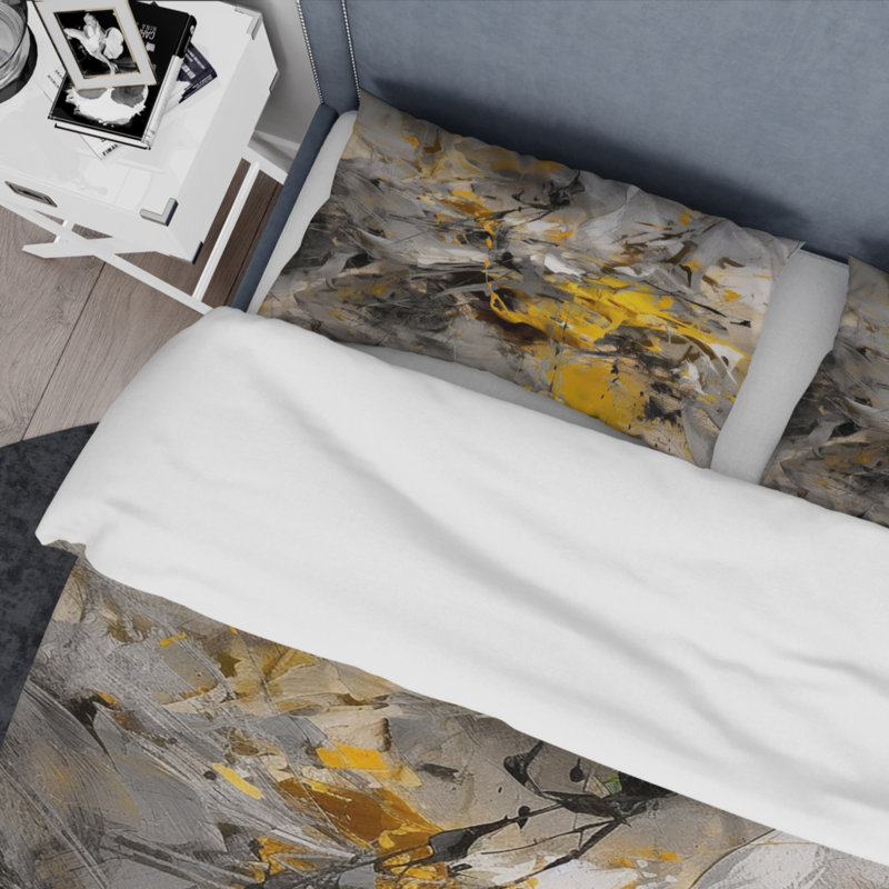 Mustard Yellow And Vivid Grey III - Abstract Duvet Cover Set, King Duvet Cover + 2 King Shams