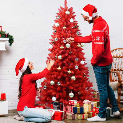 Sapin de Noël rouge de 1,5 m avec 624 branches articulées pour une installation facile, support métallique stable, couleurs éclatantes - Décoration de Noël - Sapin de 154 cm, structure réaliste et facile à installer