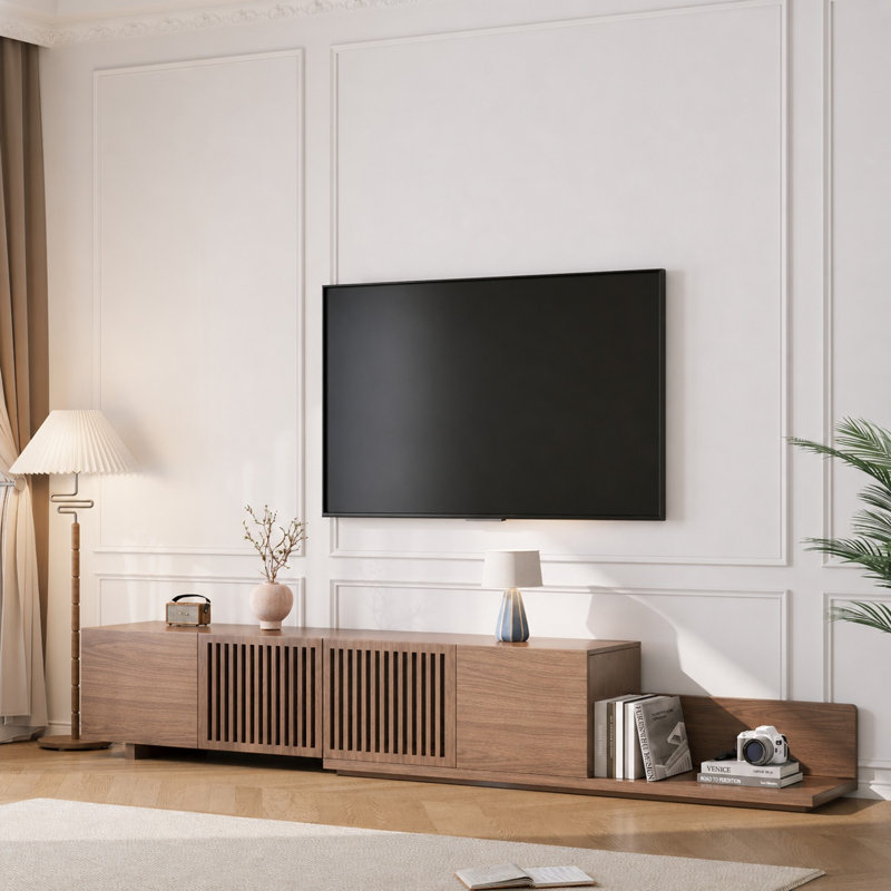 Meuble de télévision extensible et rétractable de 70,9" à 120" (180-305 cm), console multimédia de style moderne du milieu du siècle avec placards et étagères ouvertes