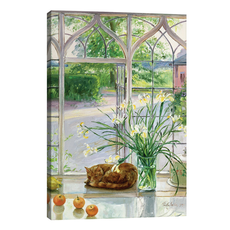 Irises And Sleeping Cat by Timothy Easton - Painting on Canvas, No Frame, 66.04 cm H x 45.72 cm W x 3.175 cm D
