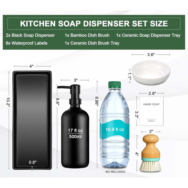 Ensemble de distributeur de savon de cuisine, distributeur de savon à vaisselle de 17 oz liq. Avec plateau en céramique et brosse en bambou pour la cuisine, ensemble de 2 distributeurs de savon à main et à vaisselle en verre, ensemble de bouteilles de