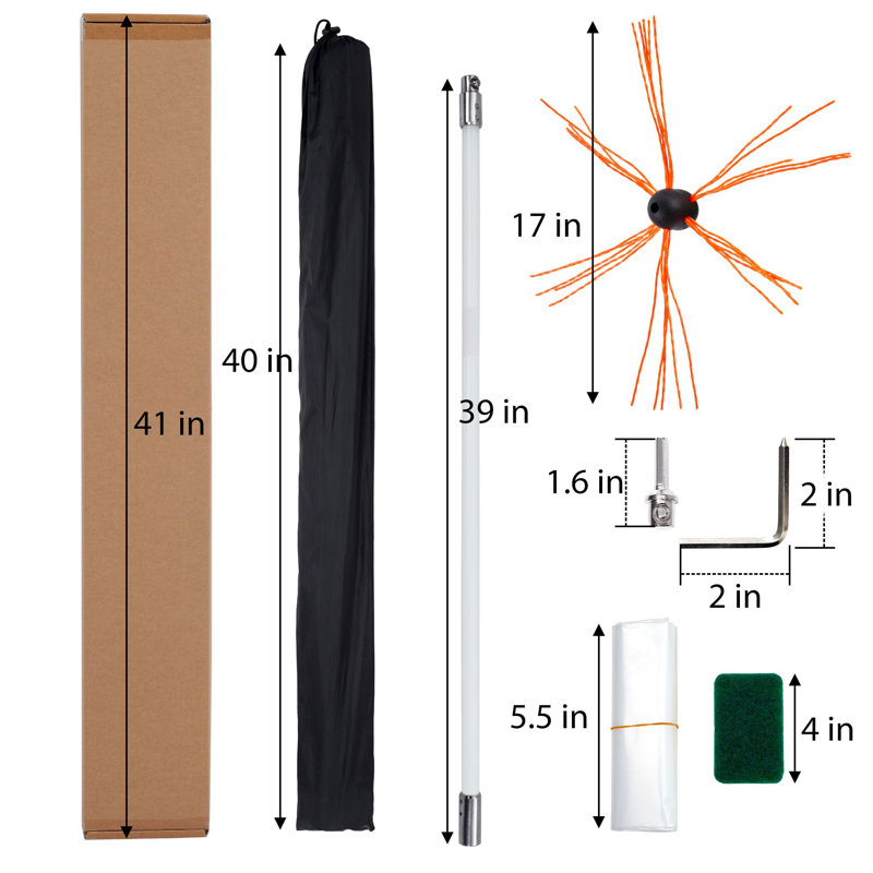 Brosse de cheminée, système de nettoyage de cheminée rotatif conduit par perceuse, tête de brosse simple, avec 8 tiges de cheminée flexibles