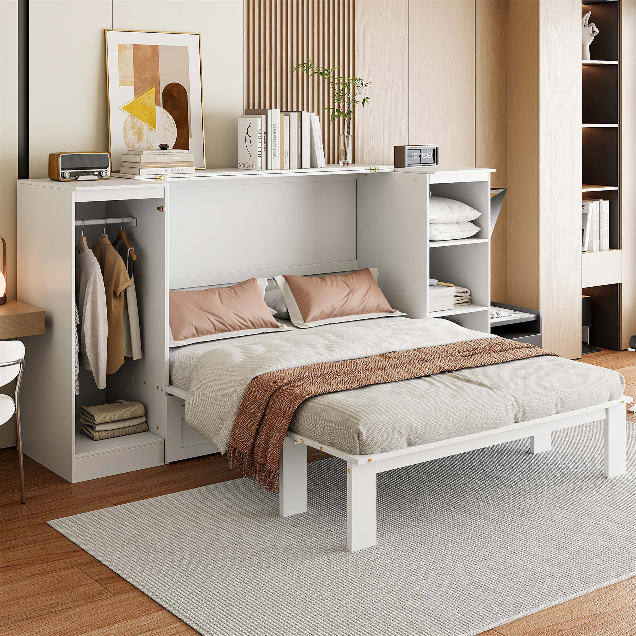 Ebern Designs Murphy Bed With Bedside Shelves And Wardrobe, Space