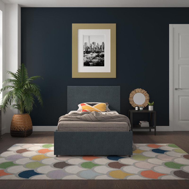 Elegant Navy Blue Linen Queen Storage Bed with Upholstered Headboard