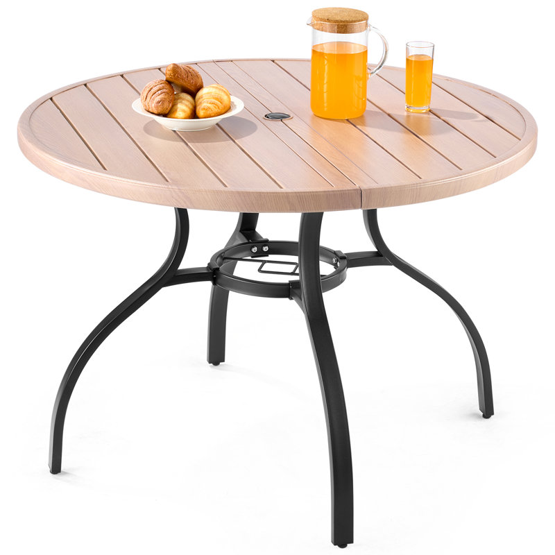 Round Metal Outdoor Dining Table With Umbrella Hole, Natural