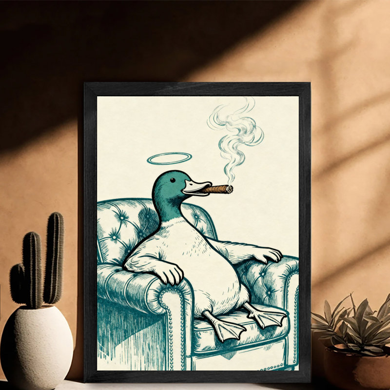 Reproduction d'art encadré noir avec canards rétro fumant confortablement, H 25 po x l 17 po
