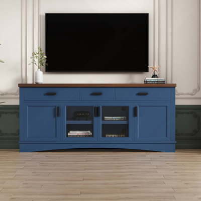Console télé moderne de 67 po avec portes en verre, tiroirs de rangement et tablettes réglables