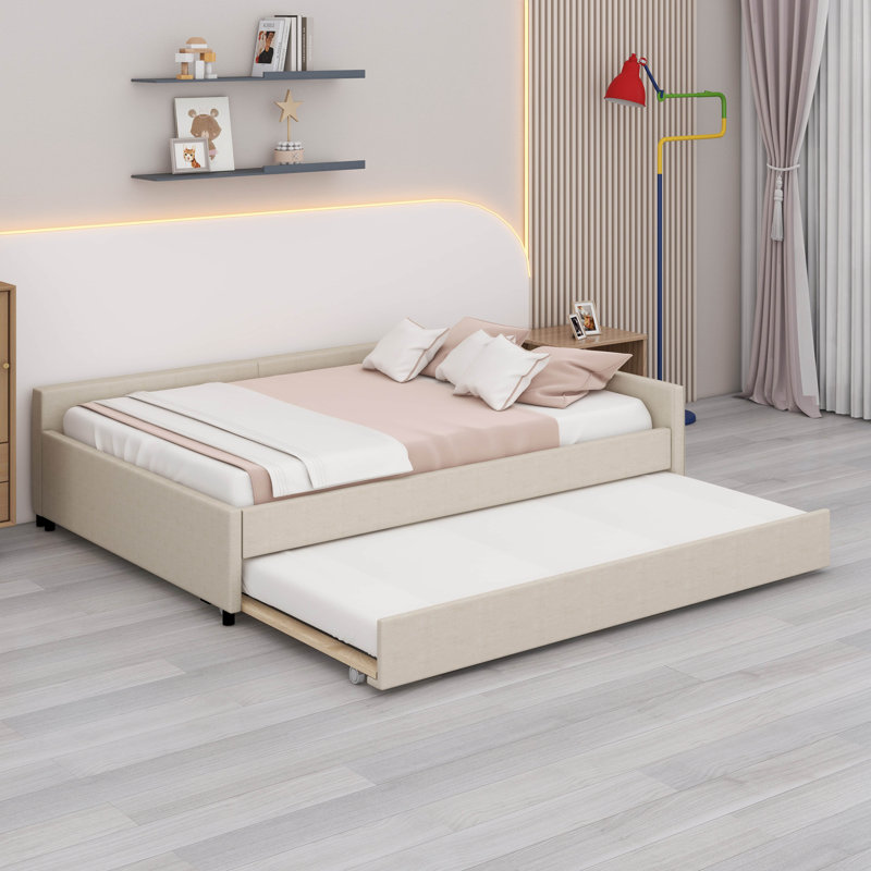 Upholstered Platform Bed ,Modern Cloud Bed Frame With Trundle And USB, Full