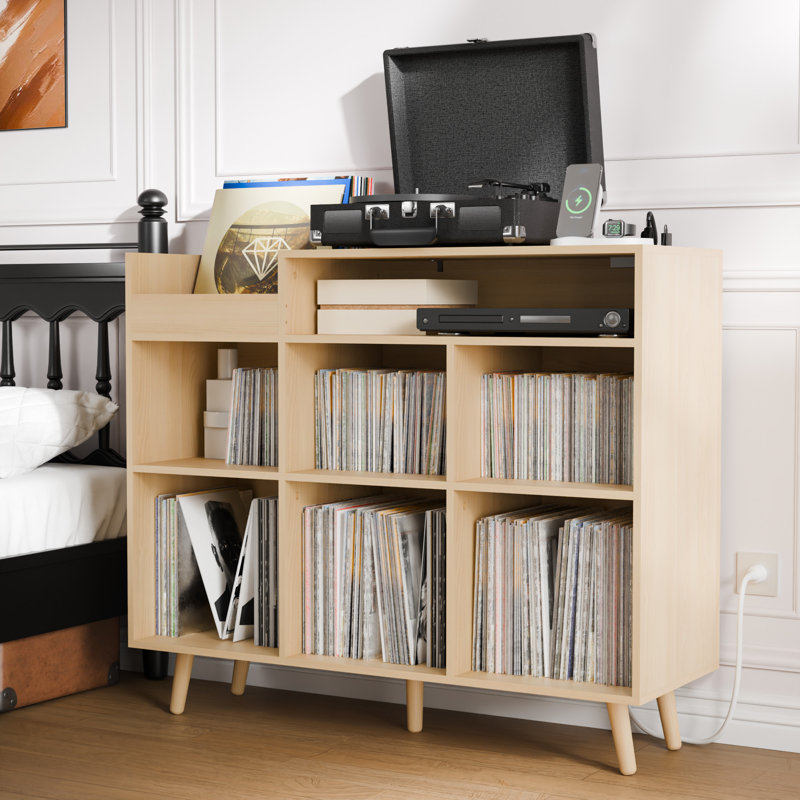 Armoire de rangement pour disques vinyles l 45 "avec station de charge Meher, Chêne