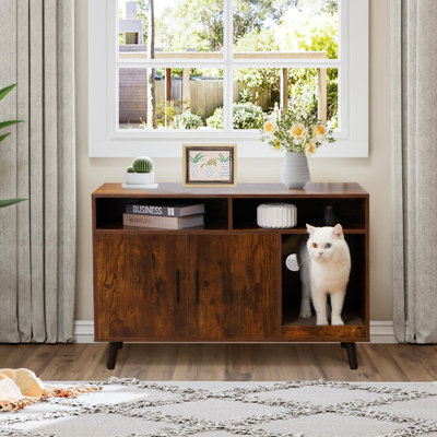 Meuble caché pour litière pour chat, litière pour chat avec portes doubles et 2 compartiments de rangement pour la chambre à coucher et le salon