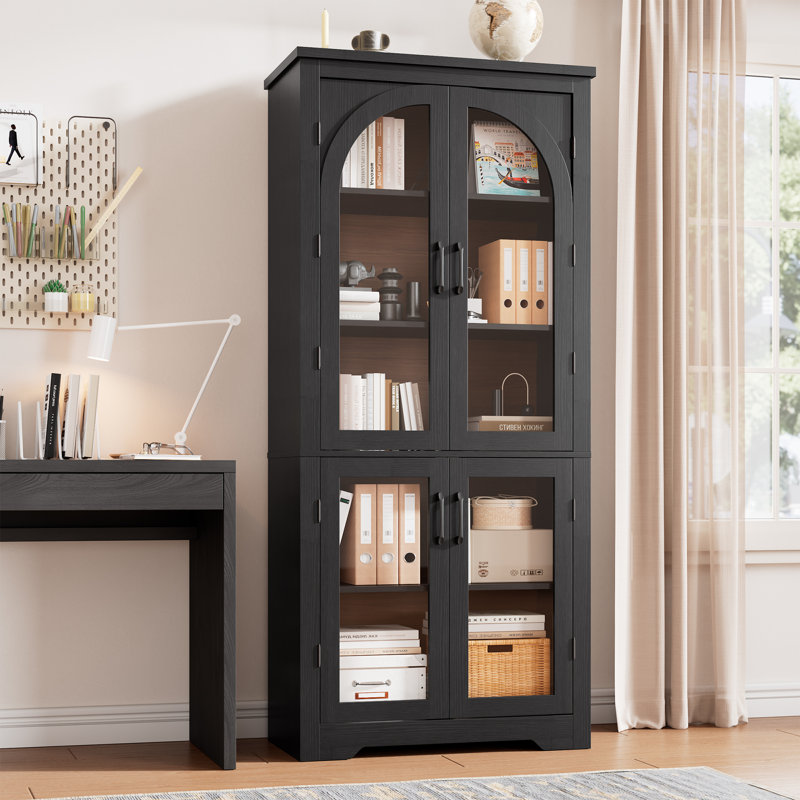 70" Tall Kitchen Pantry with 4 Arched Glass Doors, Adjustable Shelves, Food Storage Cabinet, Black, Black