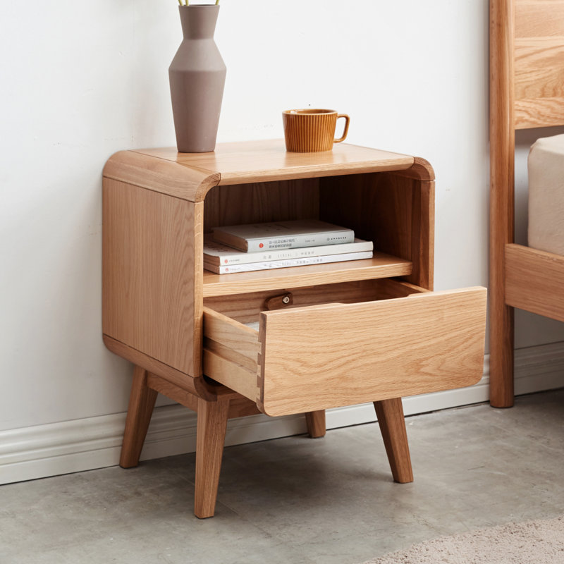 20.5"H MCM Compact Solid Wood Nightstand with Drawer & Open Shelf, Oak, Individual