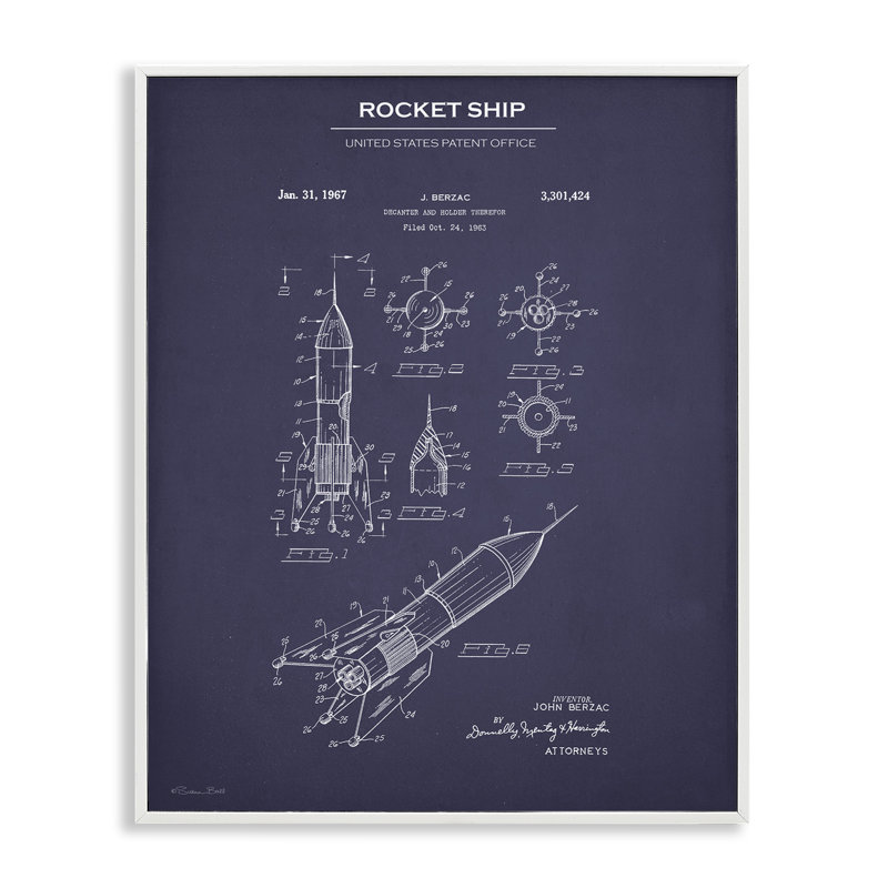«Rocket Ship Blueprint», art de la giclée encadrée par Susan Ball, Estampe numérique encadrée blanc bord de mer